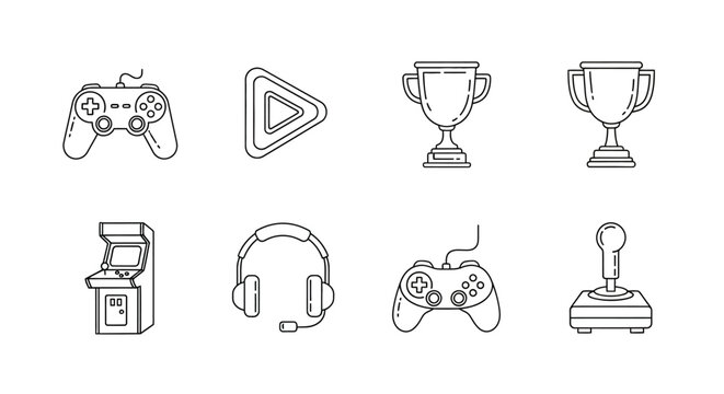 Gaming icons controller play button trophy arcade machine headset