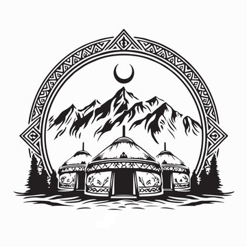 Central Asian Nomad House With Mountain Landscape Logo Design