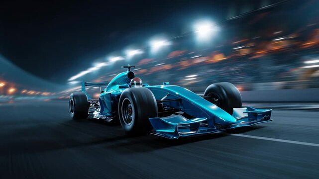 Night neon formula car speeds past blurred city lights, blue livery shimmering, purple exhaust flare, cinematic motion blur, wet asphalt reflections,
