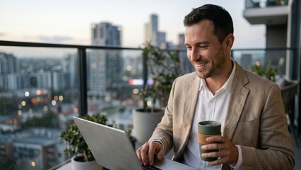 Fototapeta premium Smiling man in tan blazer using laptop and holding coffee cup on balcony overlooking city at sunset. Professional male working remotely from outdoor terrace with urban skyline background