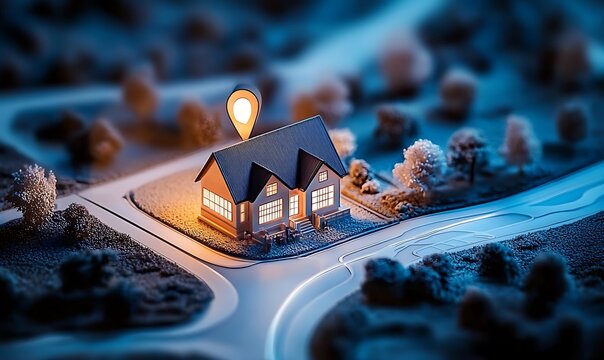 Miniature house with map pin marker in a suburban neighborhood on a map.