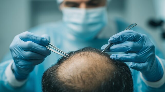 Clinician performing hair transplant on male scalp focusing on follicle implantation and surgical precision.