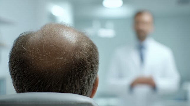 Patient scalp with hair loss viewed during consultation at a hair transplant clinic, focusing on bald spot and medical evaluation.