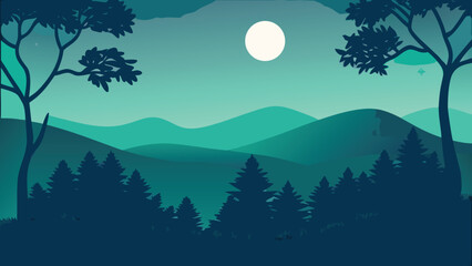 night forest landscape with mountains and full moon vector illustration © MAYENUDDIN