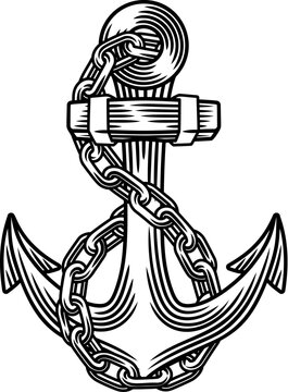 A ship anchor and chain rope nautical boat sailor tattoo illustration drawing in an engraved etching woodcut vintage style.