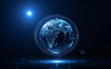 Fototapeta premium Digital Earth floats in blue light surrounded by tech circuits and