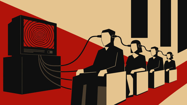 People hypnotized by television screen watching disturbing images.