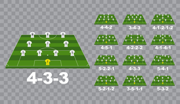 Complete collection of football formation vector icons featuring 12 different tactical lineups on green field with player silhouettes and transparent background.