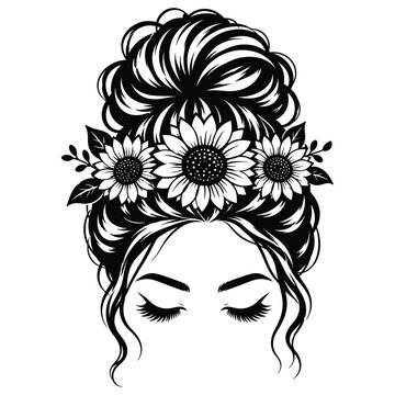 Woman with messy bun and sunflowers illustration, floral hair bun line art, feminine beauty graphic, boho girl face with flowers