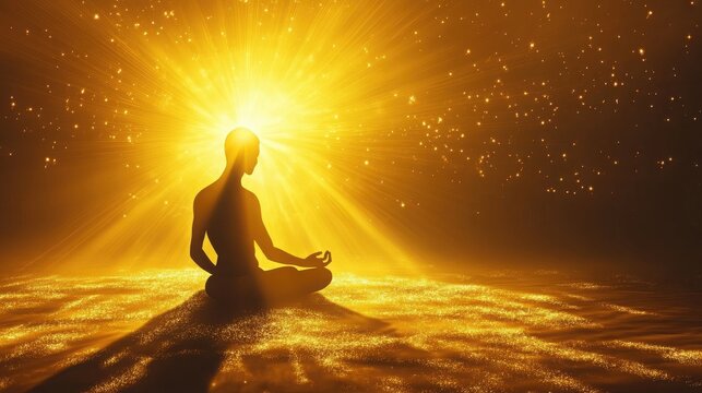 Silhouette of person meditating in golden light rays on water at sunrise