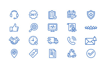 Service and Support Line Icon Set Vol.3 - Blue Outline 24/7 Warranty Checklist Diagnostic Delivery Vector Icons with Editable Stroke © Abdullah