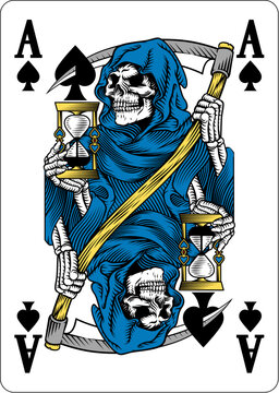 An ace of spades playing card design featuring the grim reaper or death in a vintage retro woodcut style