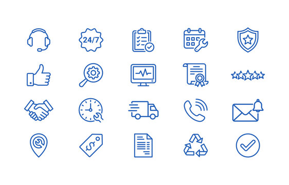 Service and Support Line Icon Set Vol.3 - Blue Outline 24/7 Warranty Checklist Diagnostic Delivery Vector Icons with Editable Stroke