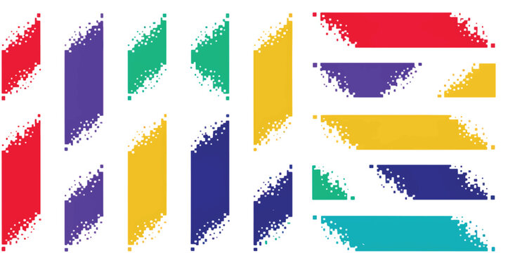Pixel banners. Header footer banner rectangles with pixel digital edges, vertical and horizontal title boxes, pixelated gradient grunge texture