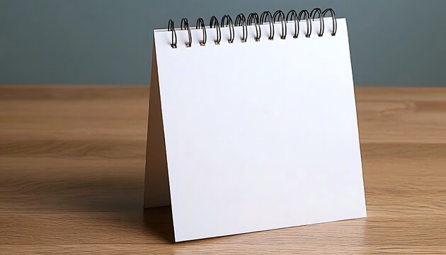 Blank desk calendar with wire spiral binding on wooden surface and plain background.