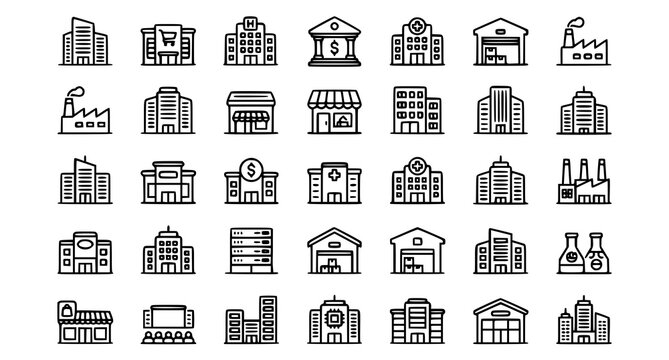 Commercial building outline icon set with office hotel bank warehouse and retail symbols editable stroke vector