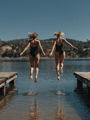 Fototapeta premium Two women in black swimsuits jumping from wooden docks into a clear blue lake on a sunny day