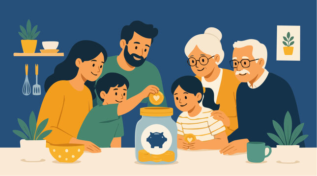 A warm and inviting multi generational family scene gathering around a kitchen table to save money in a glass jar, featuring flat vector illustration style for financial planning concepts.