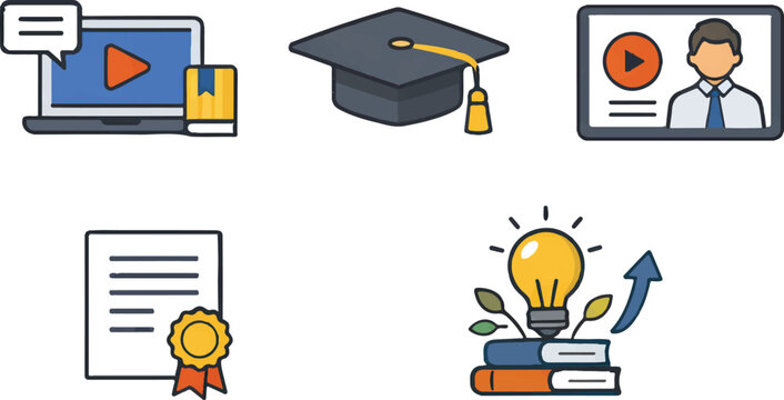  Education and e-learning icon set including online course, graduation cap, video lesson, certificate, and knowledge growth symbols, minimal flat vector illustration, isolated on white background
