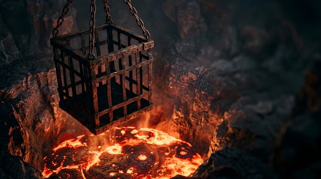 Rusty hanging metal cage suspended over a glowing volcanic lava pit