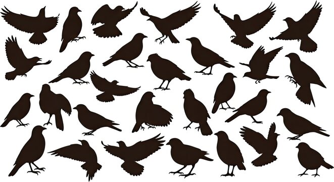 Bird silhouette collection diverse poses of flying and perching birds in dark tones