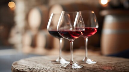 Obraz premium Three elegant wine glasses filled with red wine, displayed in a rustic winery cellar with blurred barrels