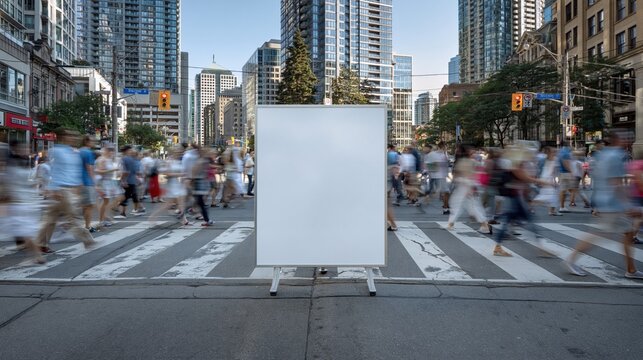 Blank White Advertising Easel on Busy City Street Crosswalk with Blurred Pedestrians and Skyscrapers