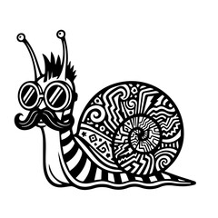 Funny snail with glasses and mustache decorative pattern cartoon vector illustration Cute snail character with sunglasses and mustache abstract pattern vector design © SoulPack