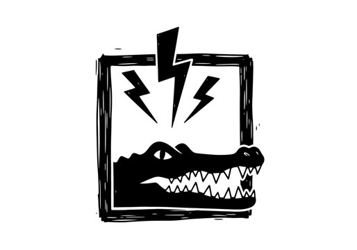 Illustration of a stylized rectangular object with a alligator head and lightning bolts