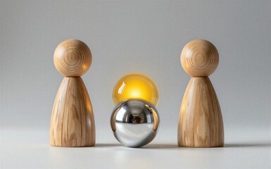 Obraz premium Wooden figures flank a reflective silver sphere with an amber glass