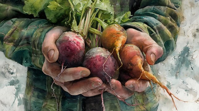 Close-up of farmer's hands holding colorful freshly harvested beets