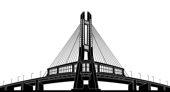 Cable-stayed bridge silhouette, minimalist architectural icon