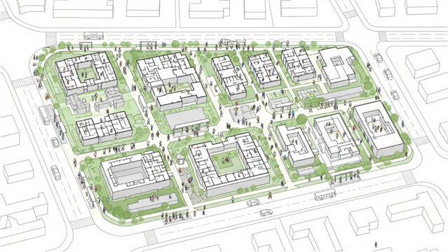Education Campus Urban Integration Top View with Student Movement Transit Stops and Public Service Areas CAD Architecture Blueprint Thin Line Vector Illustration