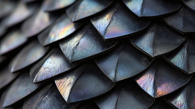 Abstract macro of anodized titanium geometric scales, futuristic metallic texture with iridescent oil-slick reflections