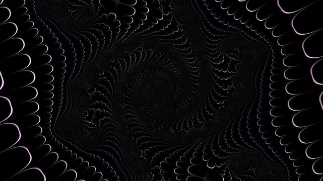 The intricate dark fractal pattern features a seamless spiraling motion with soft neon glow effects and symmetrical geometric shapes that expand from a central point in a deep black space.
