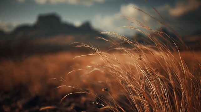 Golden Tall Grass Swaying in the Wind Against a Blurred Mountain Landscape