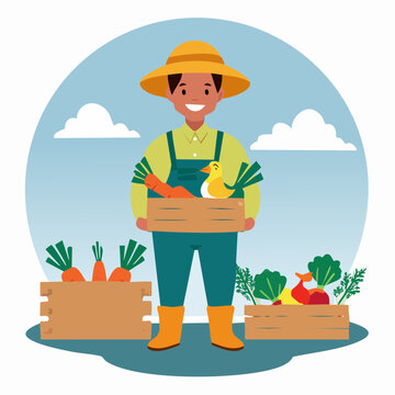 Farmer Holding Basket of Carrots and Duck