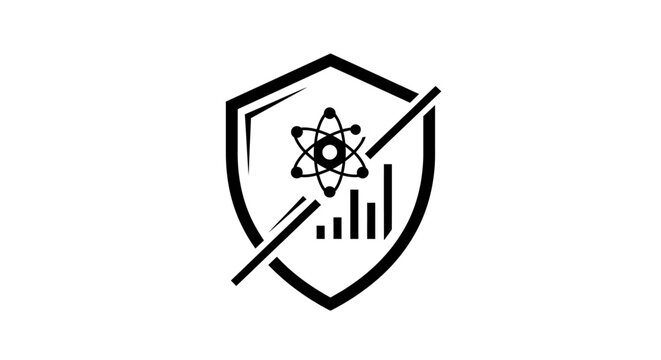 Shield with atom symbol and graph icon, representing scientific data security and protection.