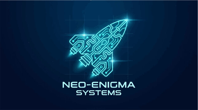 Neon circuit board rocket ship with text neo enigma systems