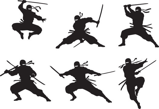 Ninja warrior silhouette set, Japanese shinobi fighter in action poses with katana swords, 6 martial arts assassin vector elements for gaming and design