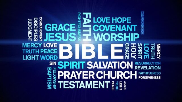 Bible animated word cloud-text design animation tag kinetic typography seamless loop.