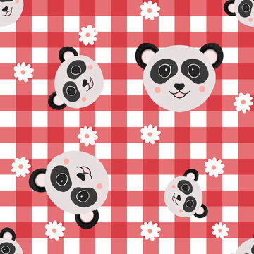 red gingham seamless pattern with panda