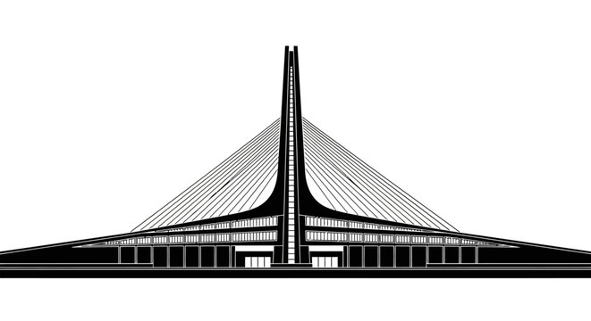 Minimalist cable-stayed bridge silhouette on white background