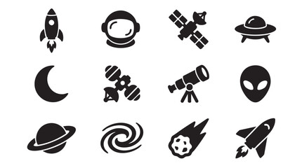 Space icons, astronomy symbols, black vector set, 12 elements, space exploration graphics © Muhammad