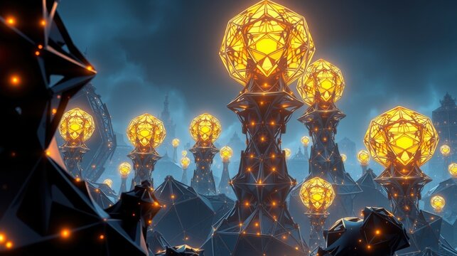 Futuristic cityscape. Glowing polygonal structures dominate dark landscape. Bright orbs illuminate complex geometry. Dramatic lighting creates striking visual effect.
