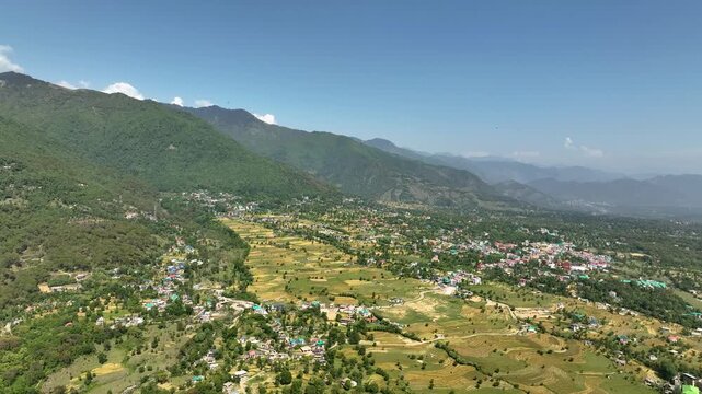Aerial view of Bir Billing valley and mountain landscape,drone view of Bir Billing Himachal Pradesh India
