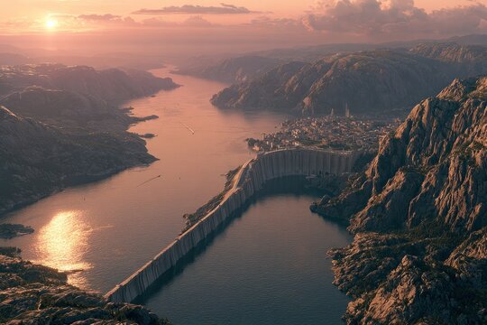 sunset over a coastal city with a dam
