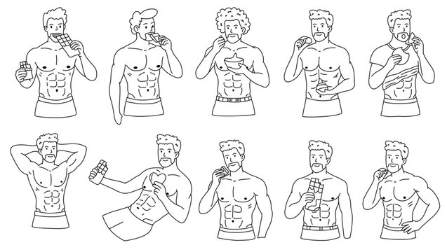 muscular athletic fitness man eating sweet chocolate bundle set