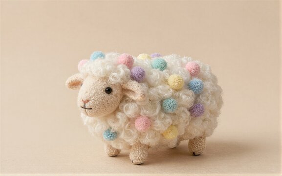 Cute knitted sheep with colorful pom-poms on its woolly body.