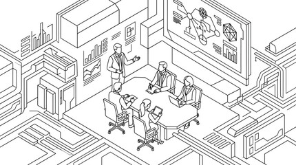 Obraz premium Isometric line art illustration of a business meeting in a high-tech conference room with data displays and circuit board elements.